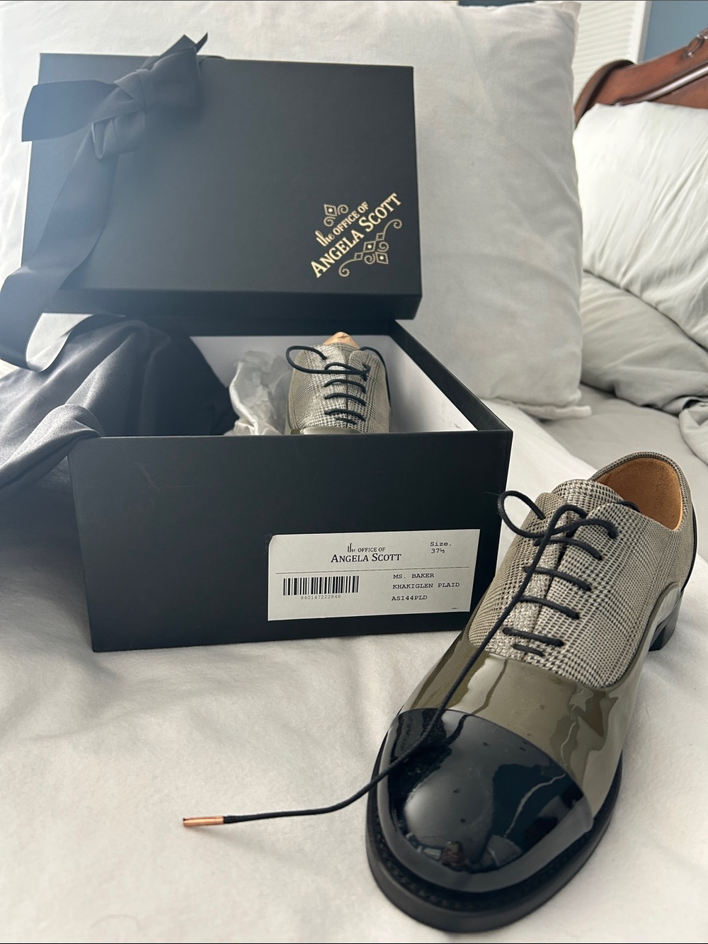 Angela Scott Women’s Black & Olive Patent Cap-Toe Oxford
